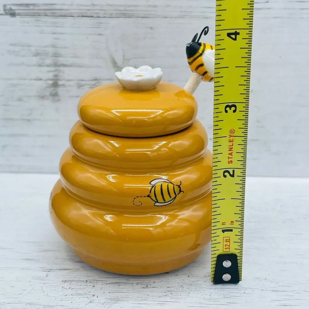 Vintage Ceramic Beehive Honey Pot Jar With Wooden Drizzler Dipper Server Set